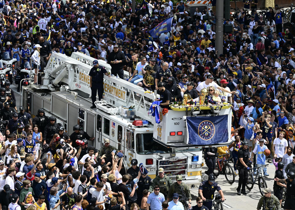 A fire truck that transported players on the Nuggets' parade route Thursday struck and seriously injured a Denver police officer. (Andy Cross/MediaNews Group/The Denver Post via Getty Images)