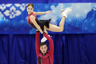 Anastasia Mishina and Aleksandr Galliamov of Russia perform in the pairs free skating program during the ISU Grand Prix of Figure Skating in Sapporo, northern Japan, Saturday, Nov. 23, 2019. (AP Photo/Toru Hanai)