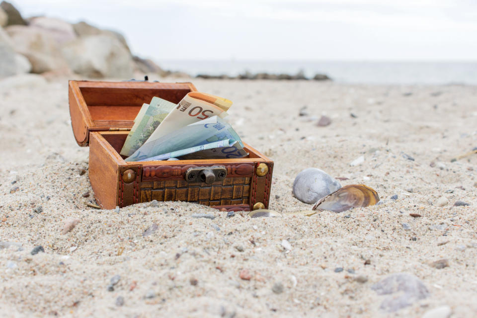 Wooden box with euro notes and coins in the sand