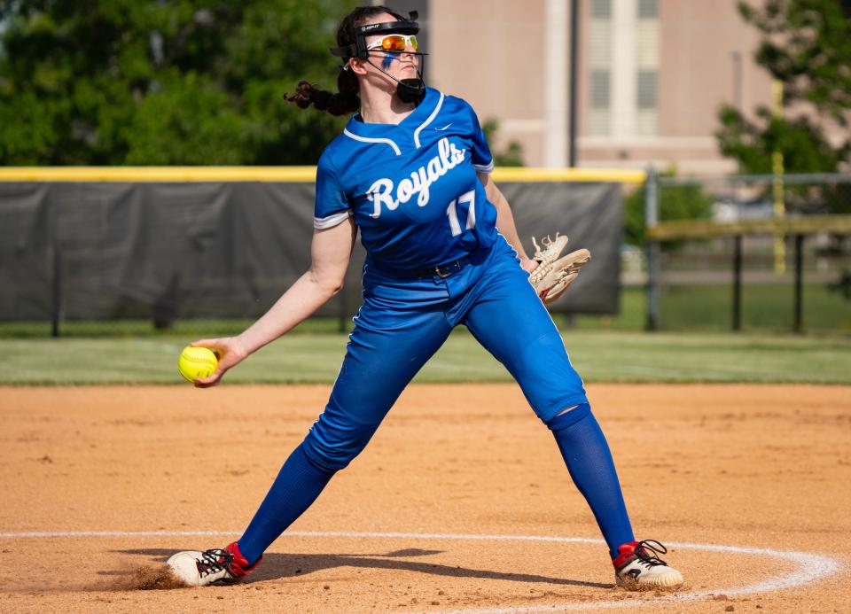 HSE freshman Grace Swedarsky pitches Monday, May 22, 2023, as Fishers takes on HSE in an IHSAA softball sectional at Noblesville High School in Noblesville. HSE beat Fishers 6-3.