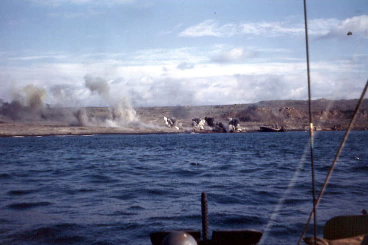 Explosions rock the Iwo Jima shore during the pre-landing bombardment