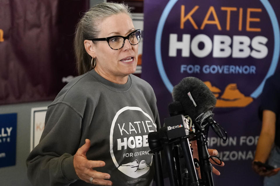 Katie Hobbs, Democratic candidate for Arizona governor, speaks to supporters at a campaign event in Peoria, Ariz., Monday, Nov. 7, 2022. (AP Photo/Ross D. Franklin)