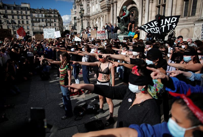 Feminist activists demonstrate against new government appointments in Paris