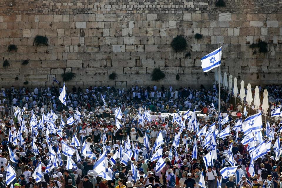 Protesters against the Israeli government’s judicial overhaul bill gather at the Western Wall in Jerusalem for a mass unity prayer on July 23, 2023, ahead of a vote in the parliament (AFP via Getty Images)