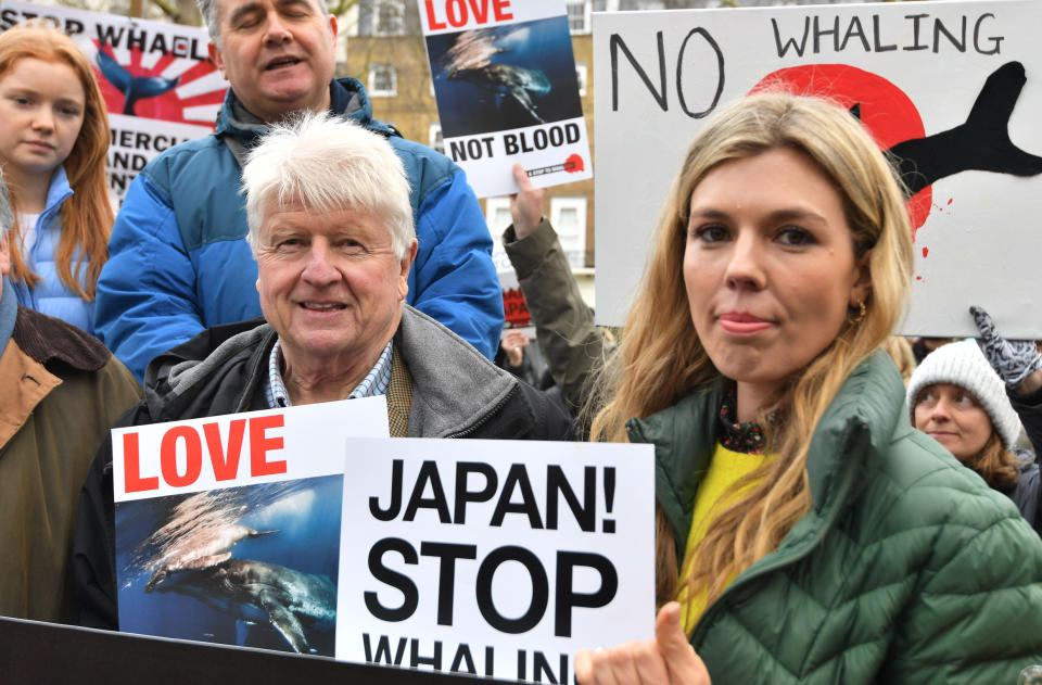 Stanley Johnson and Carrie Symonds at an anti-whaling protest outside the Japanese Embassy in central London.