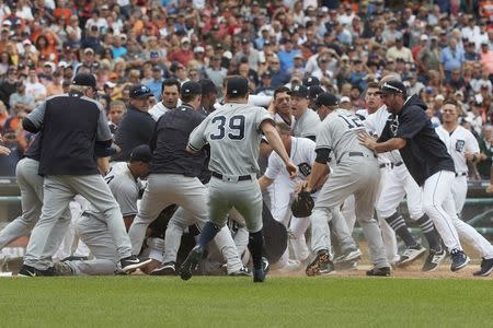 Aug 24, 2017; Detroit, MI, USA; Benches clear after Detroit Tigers first baseman Miguel Cabrera (24) and Detroit Tigers starting pitcher Jordan Zimmermann (27) get into a fight in the sixth inning at Comerica Park. Mandatory Credit: Rick Osentoski-USA TODAY Sports