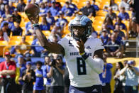 Rhode Island quarterback Kasim Hill (8) passes against Pittsburgh during the first half of an NCAA college football game, Saturday, Sept. 24, 2022, in Pittsburgh. (AP Photo/Keith Srakocic)