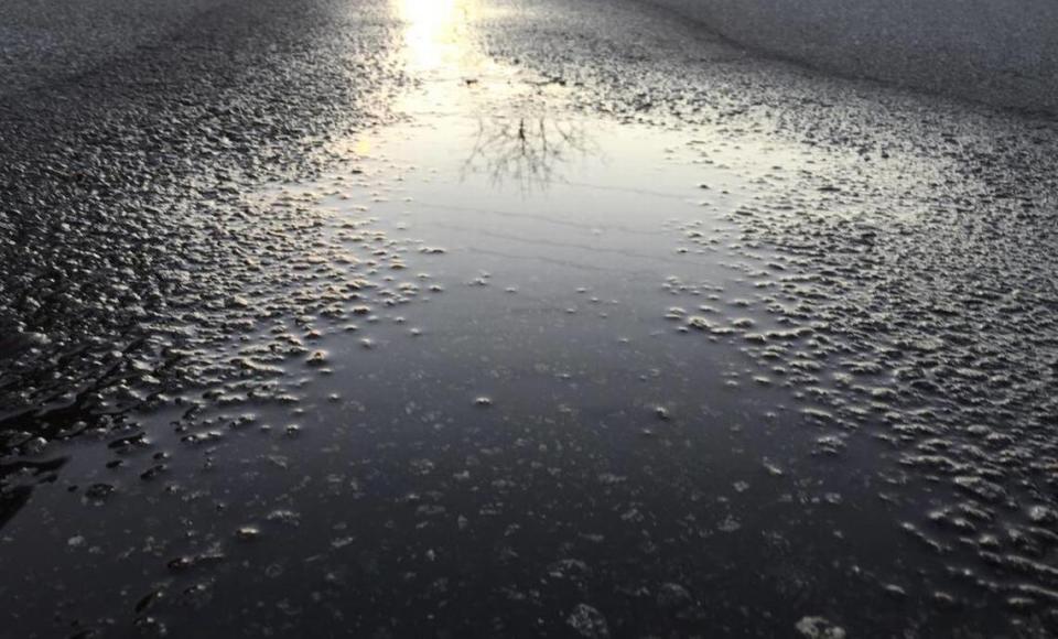 Is it a wet road or a frozen road? This is wet blacktop, but when temperatures drop into the teens overnight, it’ll be ice.