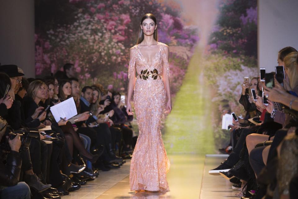 A model wears a creation by Lebanese fashion designer Zuhair Murad as part of his Spring-Summer 2014 Haute Couture fashion collection presentation, in Paris, Tuesday, Jan. 23, 2014 (AP Photo/Jacques Brinon)