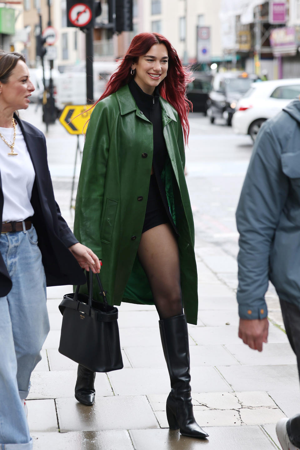 LONDON, ENGLAND - APRIL 04: Dua Lipa seen out promoting her upcoming new album 'Radical Optimism' on April 04, 2024 in London, England. (Photo by Neil Mockford/GC Images)