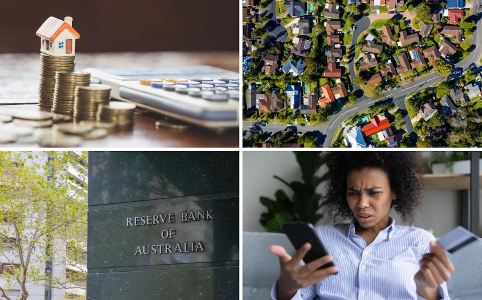 Compilation image of piles of points with a house figuring, areal view of houses, RBA logo and woman looking at mobile phone confused with credit card in hand