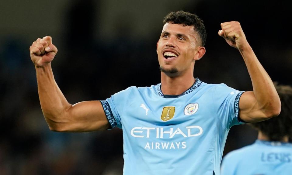 <span>Matheus Nunes celebrates scoring for Manchester City in their 2-1 victory over Watford in the Carabao Cup.</span><span>Photograph: Dave Thompson/AP</span>