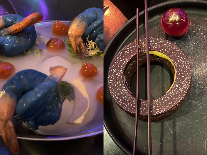 blue shrimp. on a plate next to a phot of o a purple, round dessert with chocolate sticks on top