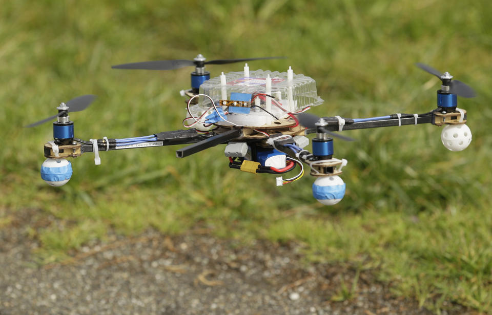 In this March, 28, 2012, photo, an Arcti Copter 5 drone flies over a waterfront park in Berkeley, Calif. Interest in the domestic use of drones is surging among public agencies and private citizens alike, including a thriving subculture of amateur hobbyists, even as the prospect of countless tiny but powerful eyes circling in the skies raises serious privacy concerns. (AP Photo/Eric Risberg)