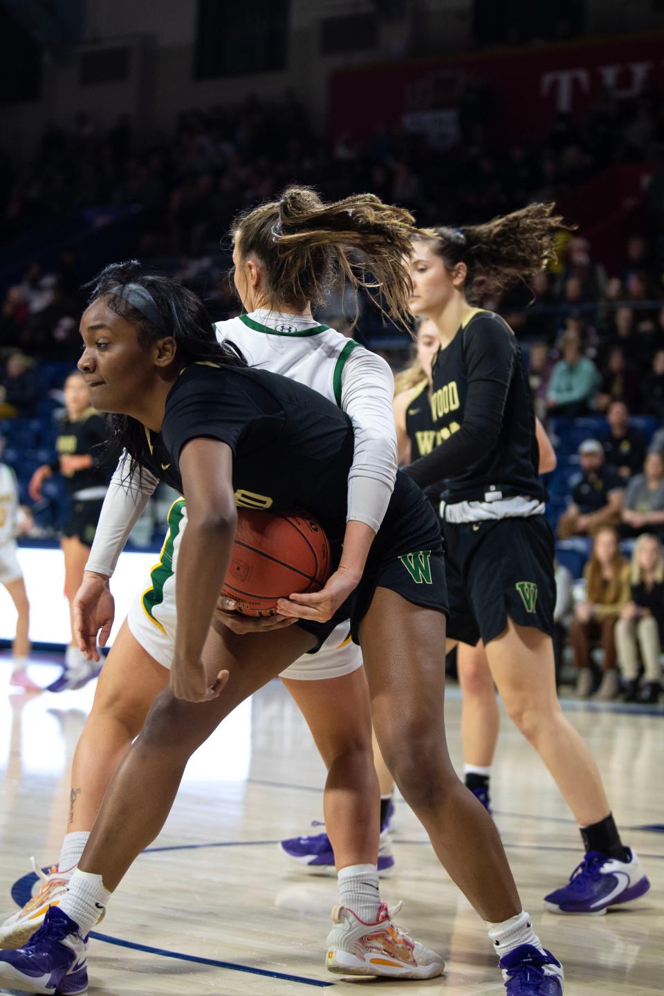 Archbishop Wood senior Deja Evans fights for the ball during the PCL girls basketball final game at the Palestra in Philadelphia on Monday, Feb. 27, 2023.