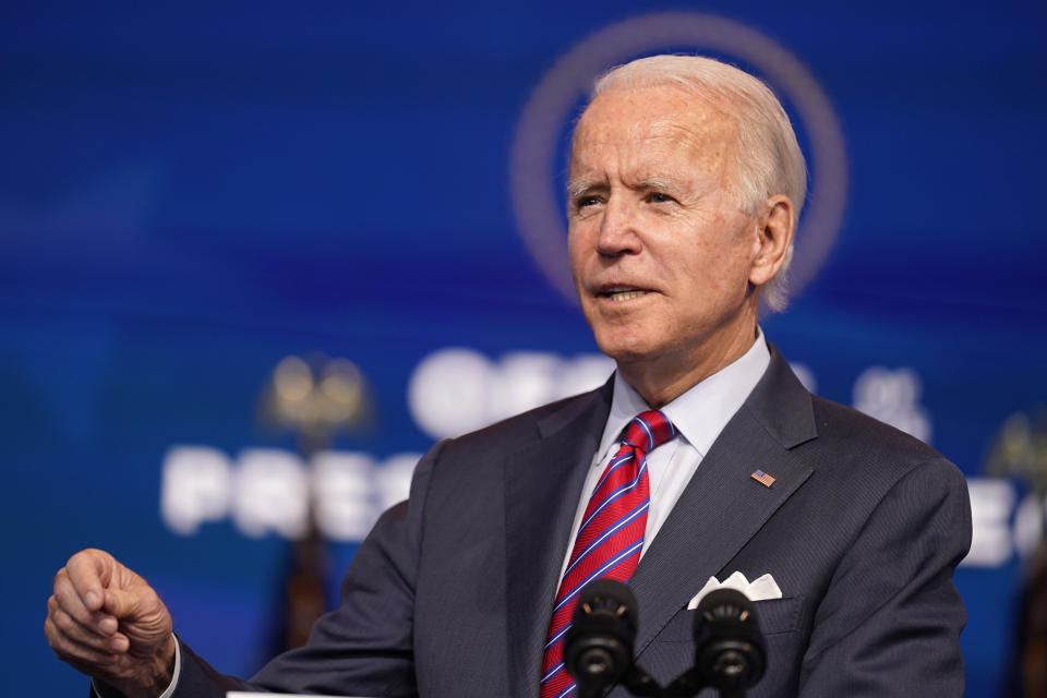 President-elect Joe Biden speaks about jobs at The Queen theater, Friday, Dec. 4, 2020, in Wilmington, Del. (AP Photo/Andrew Harnik)