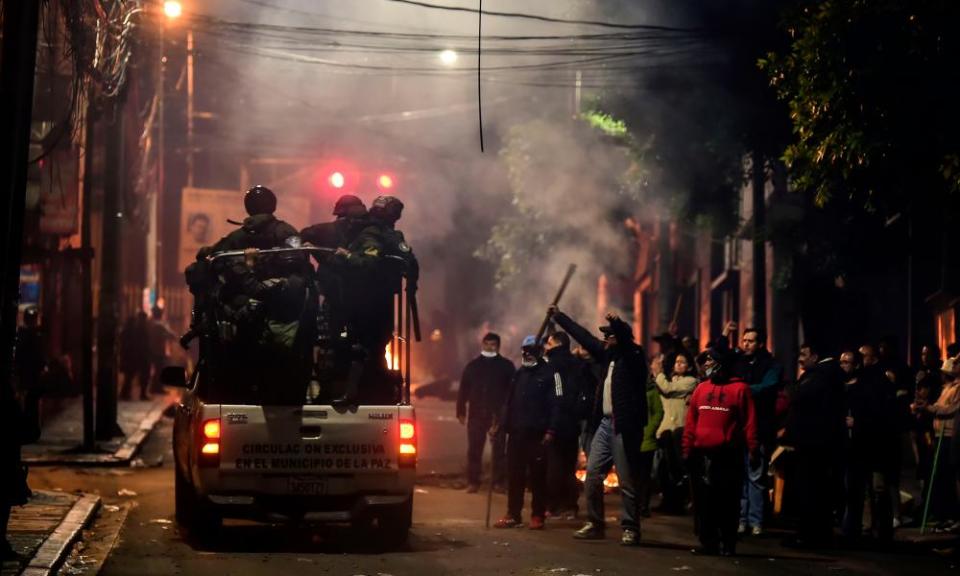 Police patrol the streets of La Paz, Bolivia’s capital, after they withdrew their support for Morales, hastening his resignation.