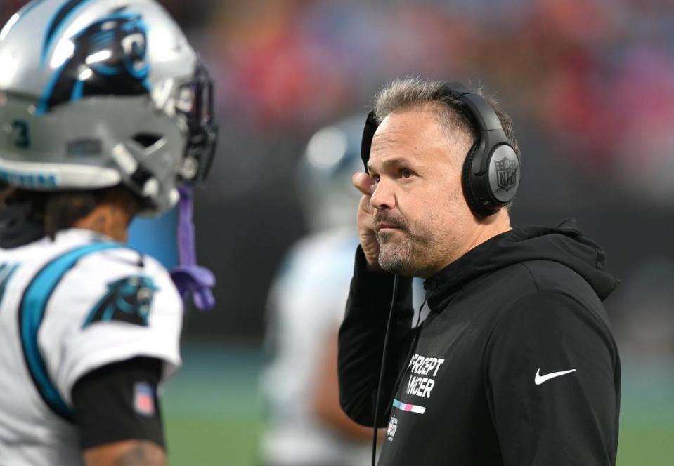 Carolina Panthers head coach Matt Rhule stares at the Jumbotron following a series against the San Francisco 49ers during second half action at Bank of America Stadium on Sunday, October 9, 2022. The 49ers defeated the Panthers 37-15. JEFF SINER/jsiner@charlotteobserver.com