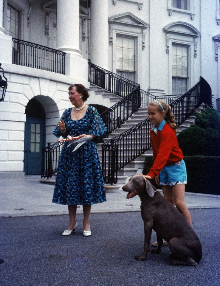 Dwight D. Eisenhower El periquito de Eisenhower es uno de los pocos animales que tienen el privilegio de haber sido enterrados en la Casa Blanca. Cuando Gabby murió en 1957, se dice que fue enterrado en el jardín de la mansión. El presidente también tuvo un braco de Weimar, que en la foto sale con la primera dama, Mamie Eisenhower, y su nieta.