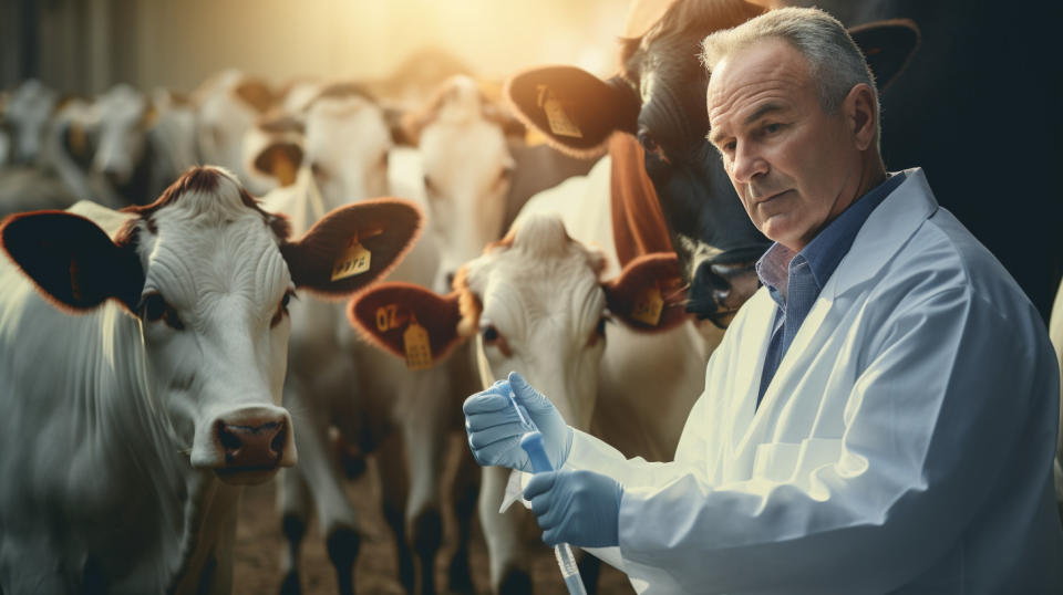 A veterinarian administering a vaccine to a herd of cattle in a farm.