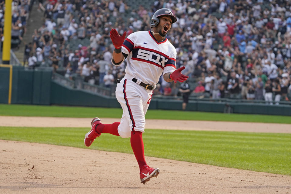Chicago White Sox' Leury Garcia (28) runs the bases after hitting a walk-off home run during the ninth inning against the Boston Red Sox in a baseball game, Sunday, Sept. 12, 2021, in Chicago. (AP Photo/David Banks)