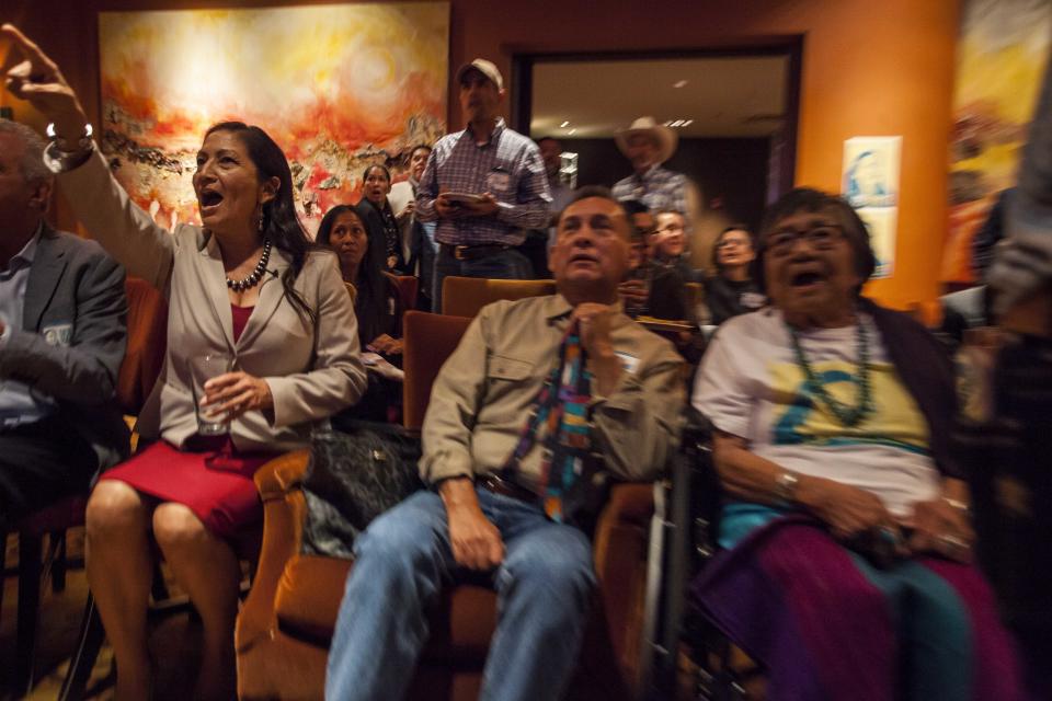 Congresswoman-elect Deb Haaland reacts to the news of her election during midterms' election night in Albuquerque, N.M., Tuesday, Nov. 6, 2018. (AP Photo/Juan Labreche)