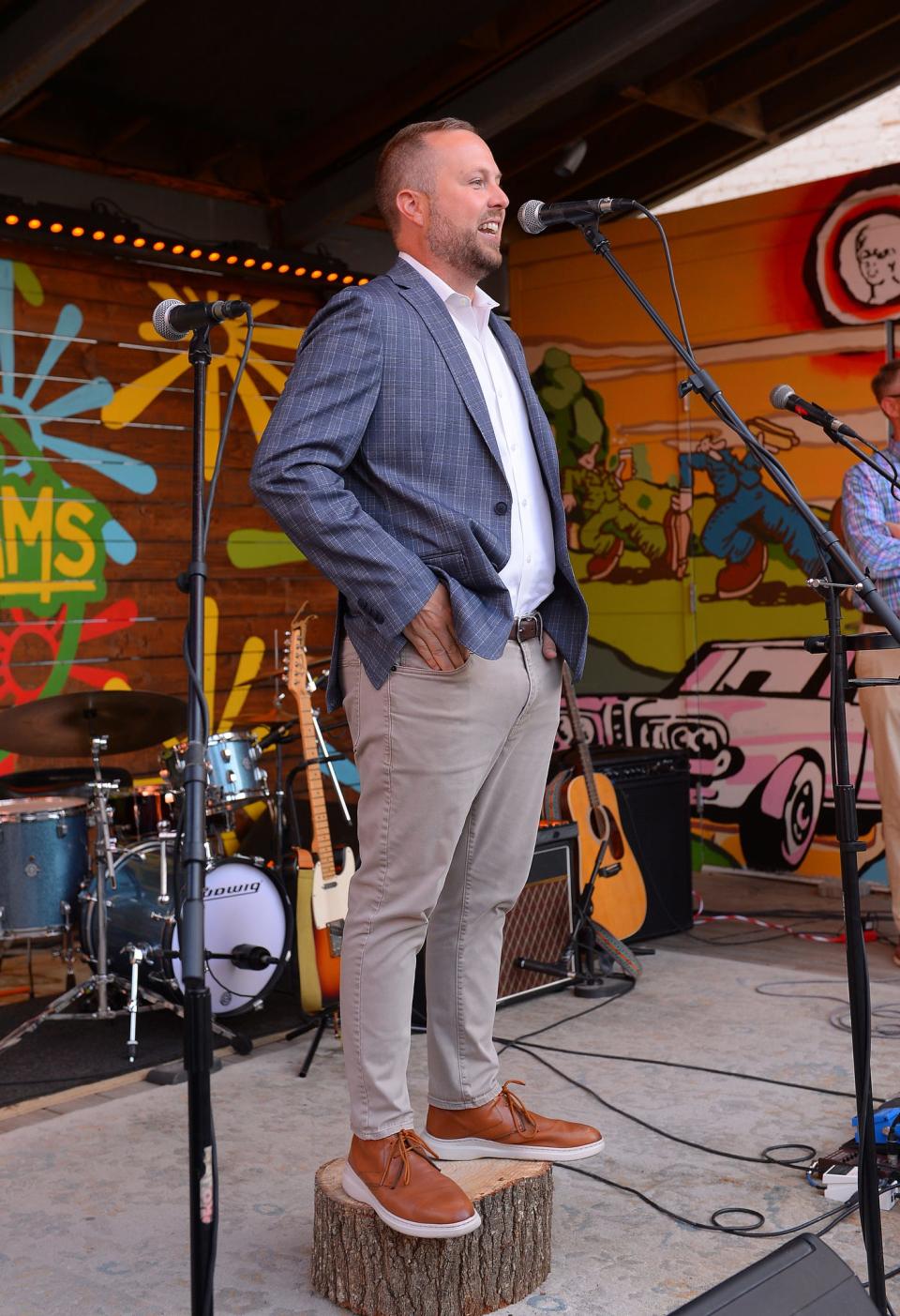 Candidates running for the upcoming state and local primary election speak during the Stump the Yard event held at FR8yard in downtown Spartanburg, Monday evening, June 6, 2022. Jeffrey A. Horton Jr., Spartanburg County Council - District 5, speaks during the event.