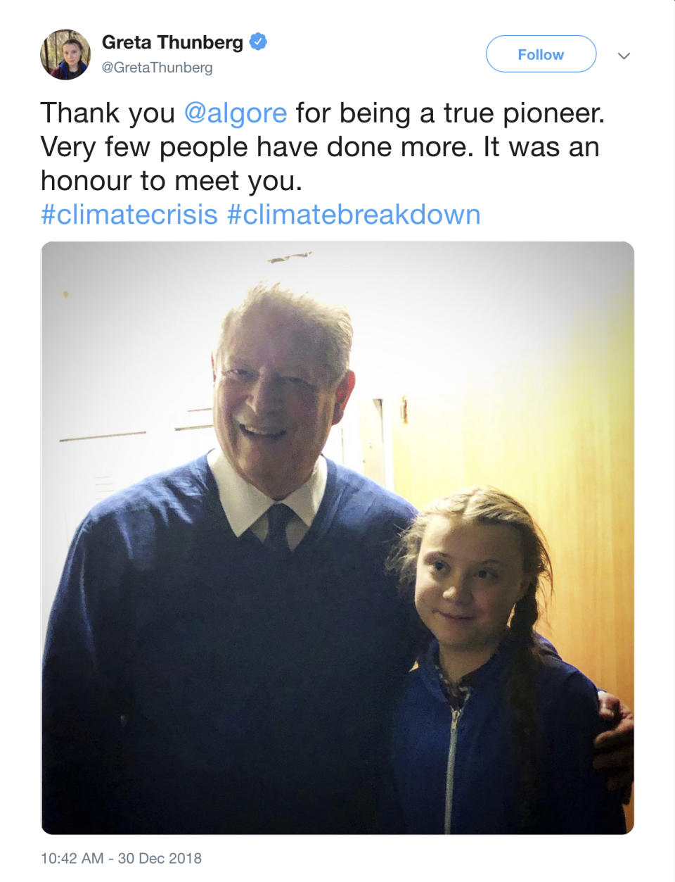 This image from Greta Thunberg's Twitter account shows a post she made on Dec. 30, 2018 with a photo of her and former U.S. Vice President Al Gore. On Friday, Sept. 27, 2019, The Associated Press reported on a manipulated version of this photo circulating online depicting Thunberg standing with philanthropist George Soros (AP Photo)