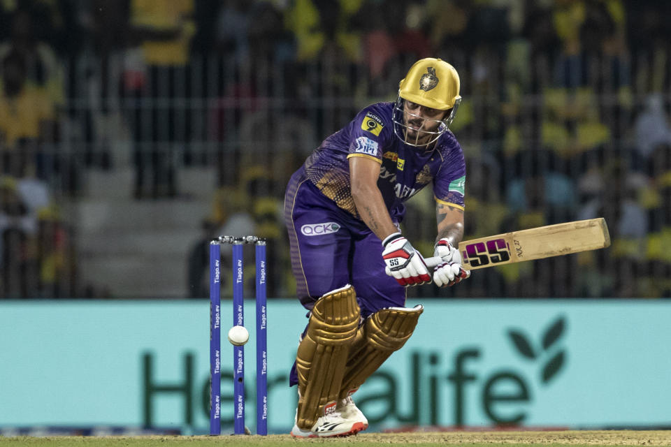 Kolkata Knight Riders' captain Nitish Rana bats during the Indian Premier League cricket match between Kolkata Knight Riders and Chennai Super Kings in Chennai, India, Sunday, May 14, 2023. (AP Photo /R. Parthibhan)