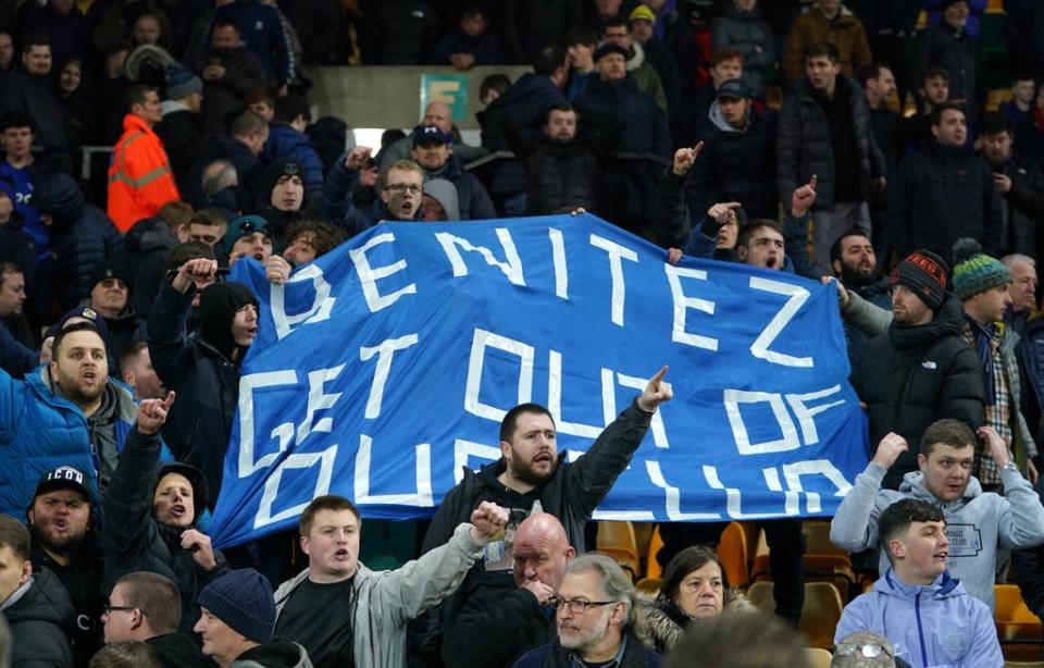 Everton fans protest against manager Rafael Benitez at Norwich on Saturday before the Spaniard’s sacking the following day (Joe Giddens/PA) (PA Wire)