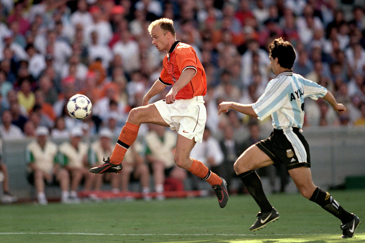 Dennis Bergkamp's winning goal, on a gorgeous long ball from Frank de Boer, punctuated the fireworks of the 1998 World Cup quarterfinal between the Netherlands and Argentina. (Photo by Michael Steele/EMPICS via Getty Images)
