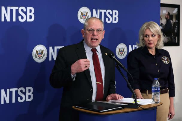 PHOTO: Chair of the NTSB, Jennifer Homendy, listens as Robert Hall, Director of the NTSB's Office of Railroad, Pipeline and Hazardous Materials, speaks on the East Palestine train derailment, Feb. 23, 2023, in Washington, D.C. (Alex Wong/Getty Images, FILE)