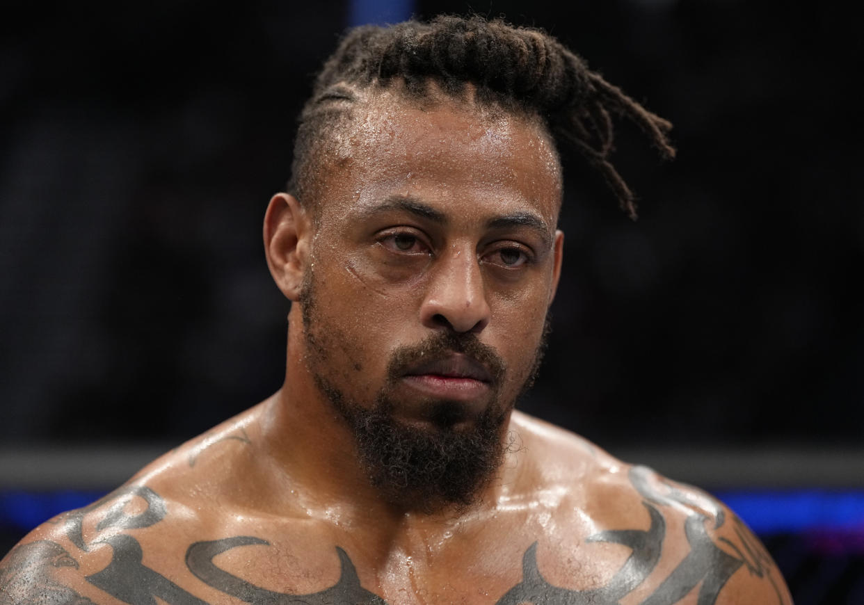 LAS VEGAS, NEVADA - MARCH 05: Greg Hardy reacts after his TKO loss to Serghei Spivac of Moldova in their heavyweight fight during the UFC 272 event on March 05, 2022 in Las Vegas, Nevada. (Photo by Jeff Bottari/Zuffa LLC)