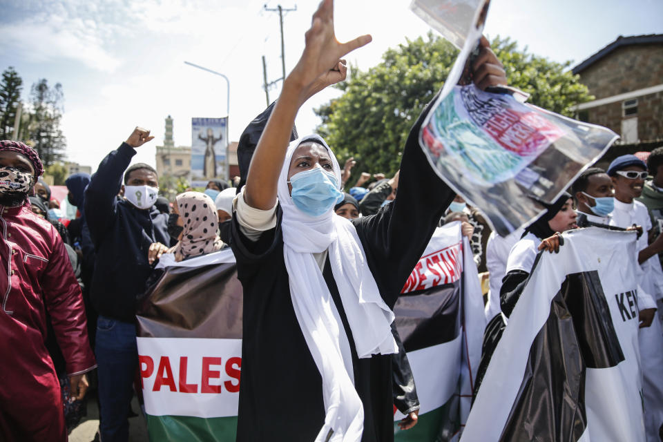 Demonstrators in Nairobi, Kenya,on Thursday May 13, 2021 rallied to denounce the ongoing crackdown at the Al-Aqsa Mosque compound in Jerusalem's Old City, as well as Israeli plans to forcefully expel Palestinians from their homes in occupied East Jerusalem. Some protesters carried banners reading "Free Palestine'', (AP Photo/Brian Inganga)