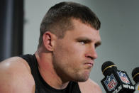Pittsburgh Steelers linebacker T.J. Watt takes questions in a news conference after an NFL football game against the Cincinnati Bengals, Sunday, Nov. 20, 2022, in Pittsburgh. The Bengals won 37-30.(AP Photo/Gene J. Puskar)