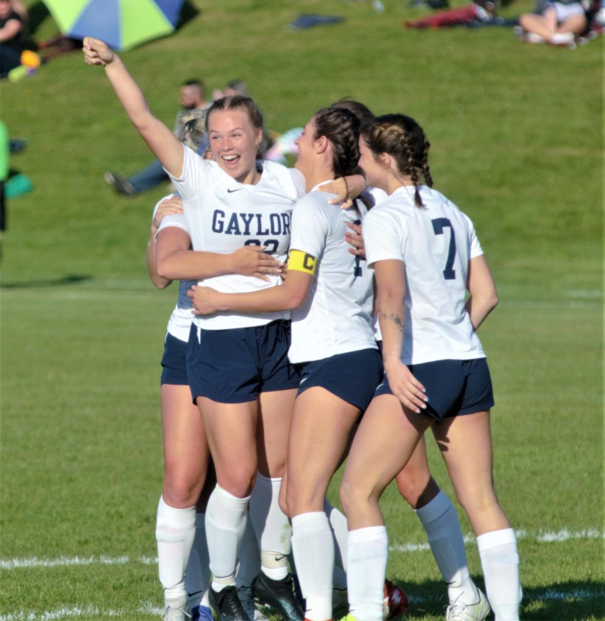 Gaylord celebrates Clarie Gorno's goal during a high school soccer MHSAA district quarterfinal matchup between Gaylord and Cadillac on Thursday, May 25, 2023 in Cadillac, Mich.