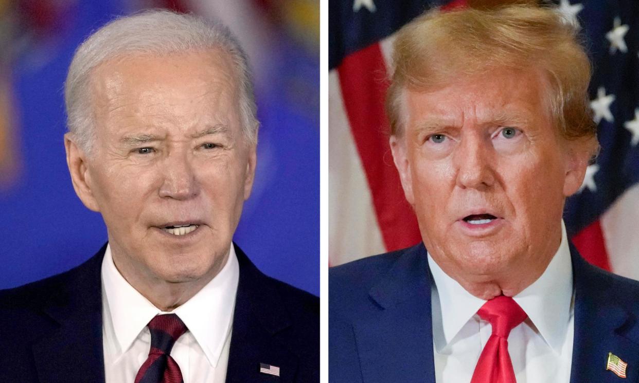 <span>Joe Biden speaks in Milwaukee, Wisconsin, on 13 March 2024 and Donald Trump speaks in New York, on 11 January 2024.</span><span>Photograph: AP</span>