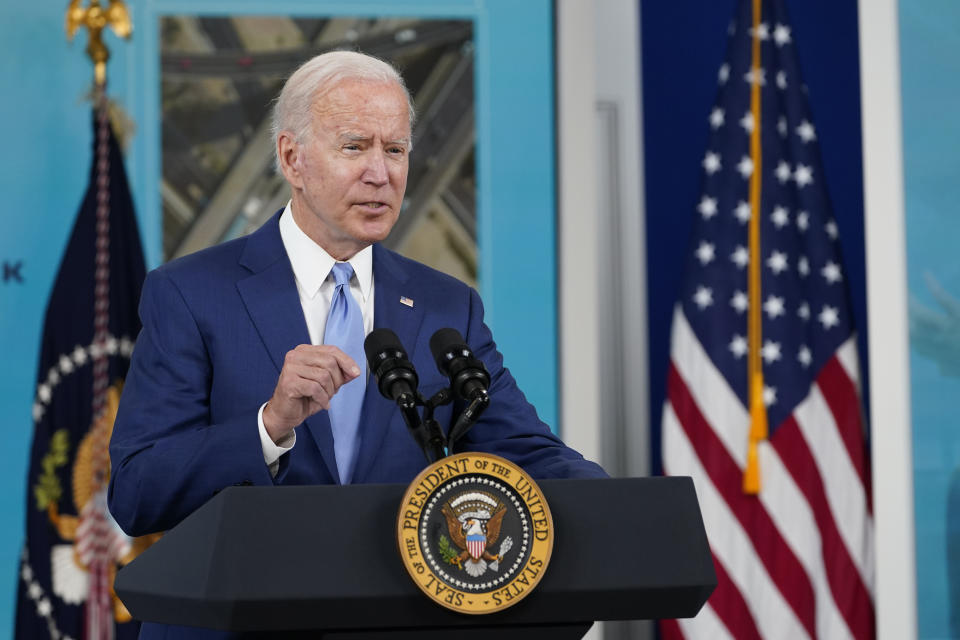 President Joe Biden speaks about the September jobs report, Friday, Oct. 8, 2021, from the South Court Auditorium on the White House campus in Washington. (AP Photo/Susan Walsh)