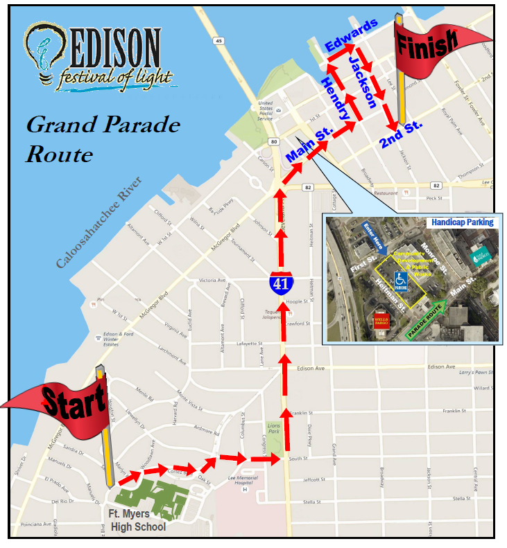 The parade route for the 2024 Edison Festival of Light Grand Parade.