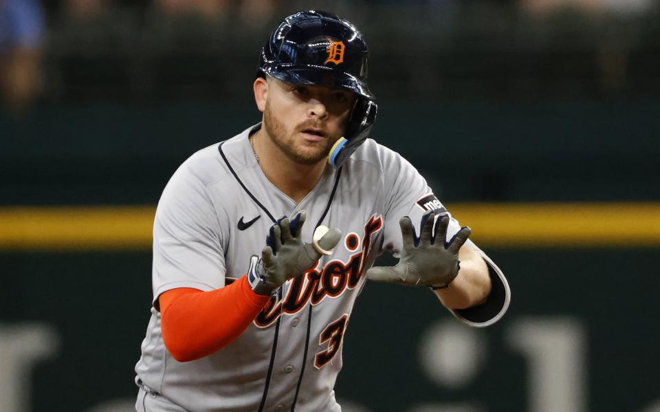 Jake Rogers #34 of the Detroit Tigers celebrates after hitting a double against the Texas Rangers during the eighth inning at Globe Life Field on June 29, 2023 in Arlington, Texas. The Tigers won 8-5.