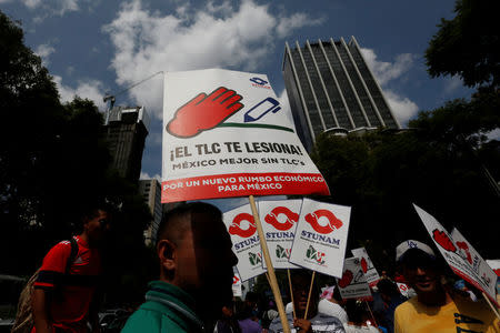 A man holds a placard during a protest with union workers and farmers as NAFTA renegotiation begins in Washington, D.C., in Mexico City, Mexico August 16, 2017. The placard reads "FTA hurts, Mexico better without FTA". REUTERS/Carlos Jasso