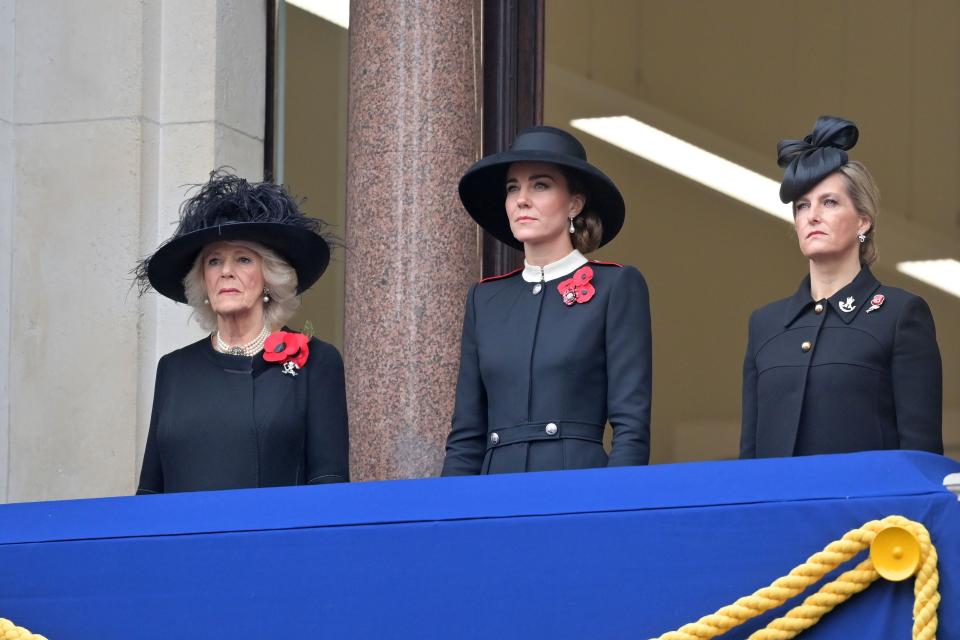 The Duchess of Cambridge joined the Duchess of Cornwall and the Countess of Wessex at The Cenotaph. (Getty Images)