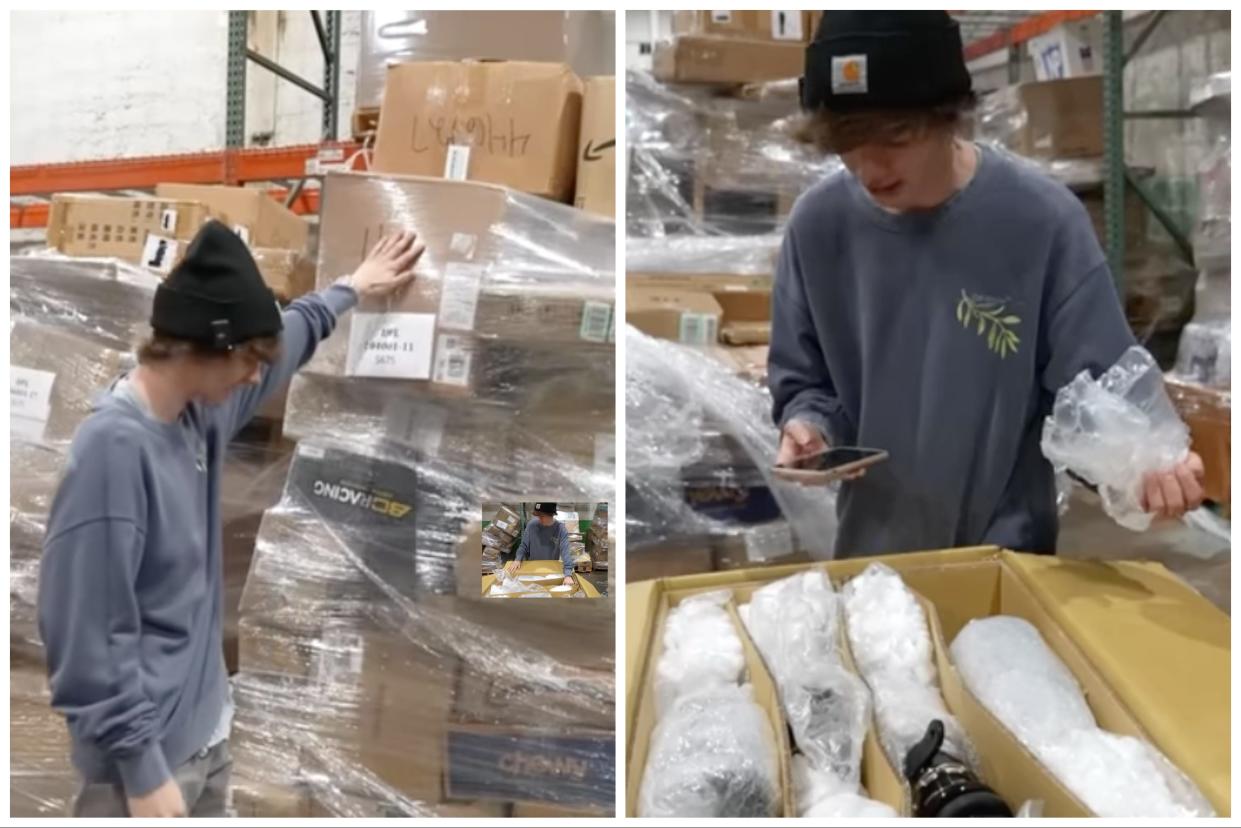 A composite image of screenshots from a YouTube video show a person unboxing an Amazon pallet.