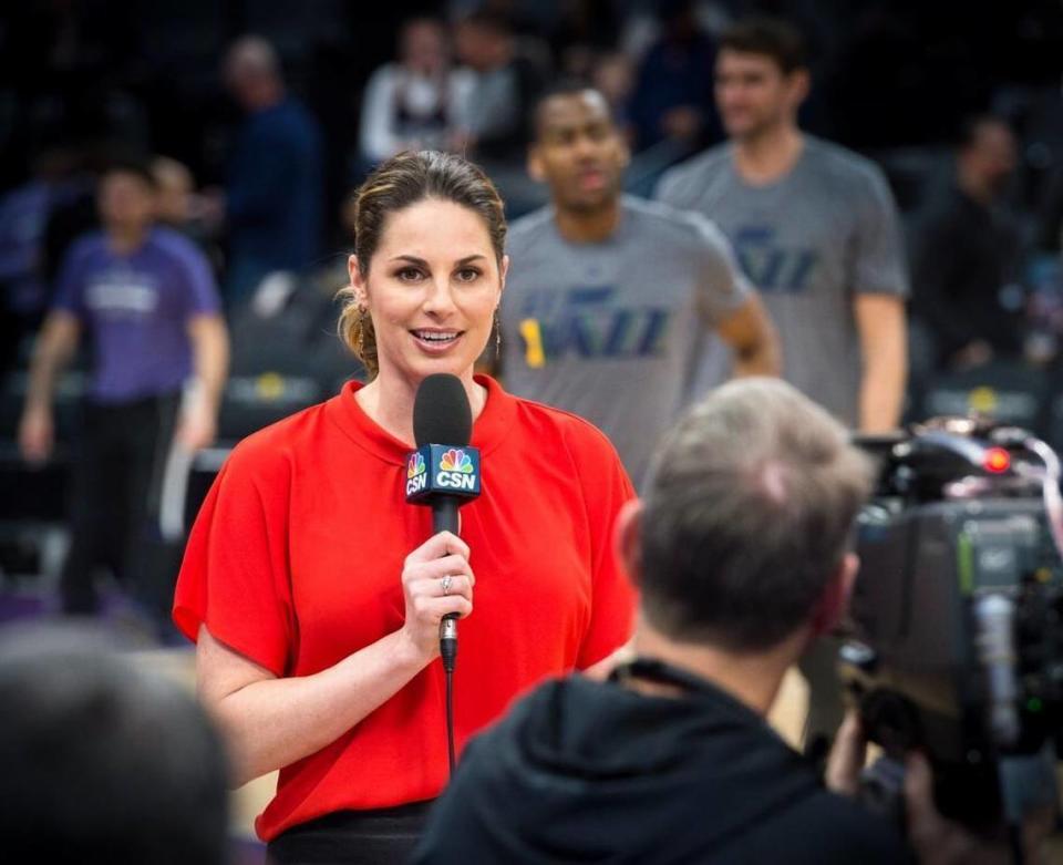 Kayte Christensen, a former college and WNBA player, comments during CSNCA’s broadcast of an NBA game between the Sacramento Kings and the Utah Jazz in 2017 at Golden 1 Center in Sacramento.