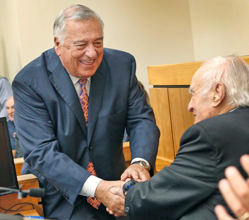 Speaker Ron Mariano, a longtime friend of Frank Bellotti congratulates him on his 100th birthday. Law Day at Quincy District Court celebrated the 100th birthday of former Massachusetts Attorney General Francis X. Bellotti, the courthouse's namesake, on Wednesday, May 3, 2023.