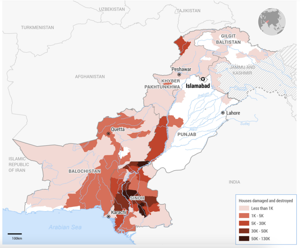 Infographic showing the worst-affected regions in Pakistan by number of houses destroyed (UNOCHA)