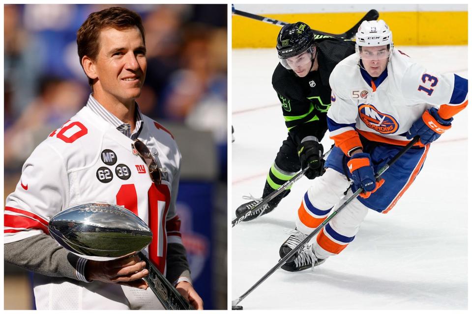 A side-by-side shows Eli Manning smiling while holding a Super Bowl trophy while Mathew Barzal of the New York Islanders skates during an NHL game.