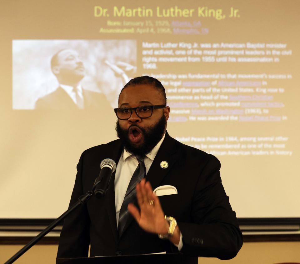 Tony Branch portrays the Rev. Martin Luther King Jr. during the Brockton Area Branch NAACP's homage to influential Black leaders at the library on Saturday, Feb. 4, 2023.