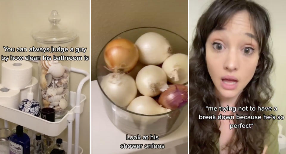 A tiktok user gets excited after finding onions in her date's bathroom