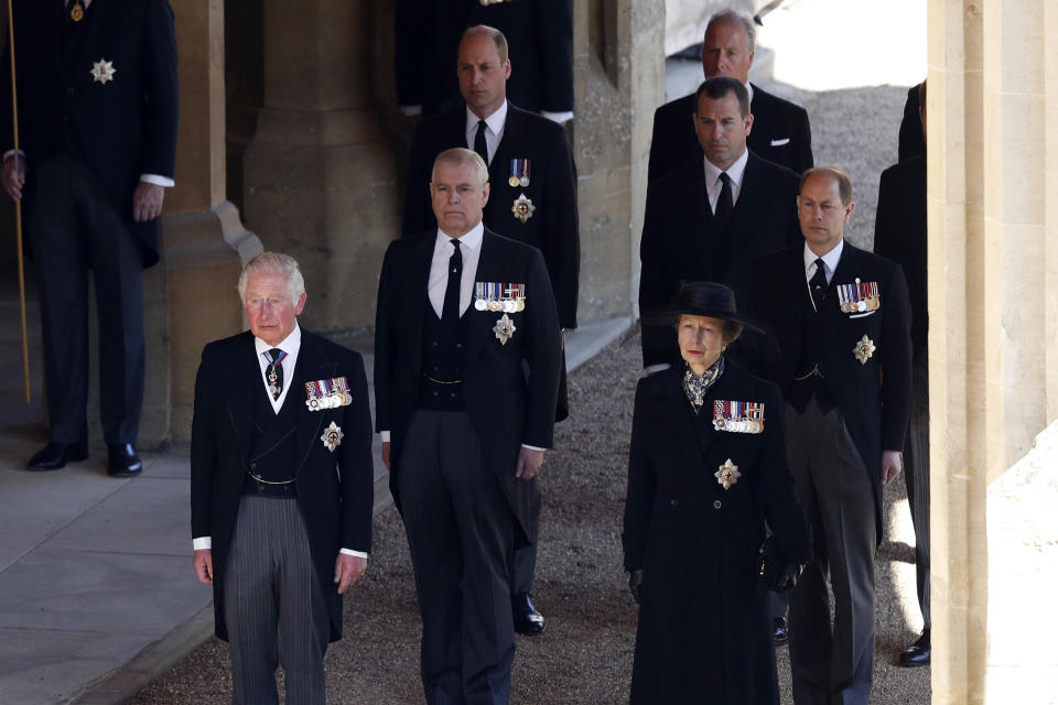 WINDSOR, ENGLAND - APRIL 17: Prince Charles, Prince of Wales, Prince Andrew, Duke of York, Prince William, Duke of Cambridge, Peter Phillips, Prince Edward, Earl of Wessex and Princess Anne, Princess Royal during the funeral of Prince Philip, Duke of Edinburgh at Windsor Castle on April 17, 2021 in Windsor, England. Prince Philip of Greece and Denmark was born 10 June 1921, in Greece. He served in the British Royal Navy and fought in WWII. He married the then Princess Elizabeth on 20 November 1947 and was created Duke of Edinburgh, Earl of Merioneth, and Baron Greenwich by King VI. He served as Prince Consort to Queen Elizabeth II until his death on April 9 2021, months short of his 100th birthday. His funeral takes place today at Windsor Castle with only 30 guests invited due to Coronavirus pandemic restrictions. (Photo by Adrian Dennis/WPA Pool/Getty Images)